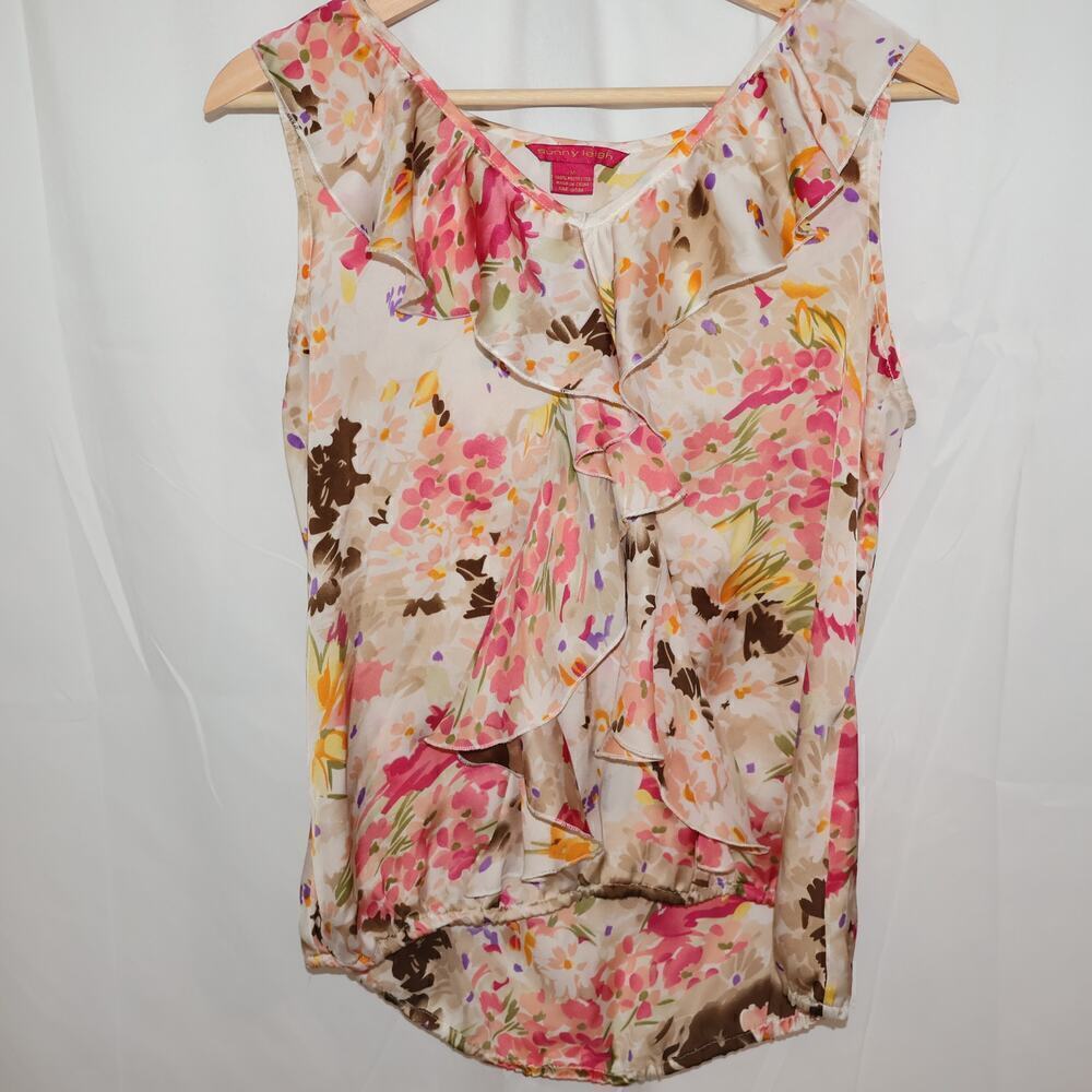 Sunny Leigh Size M Ruffle Blouse Sleeveless Autumn Colors V Neck